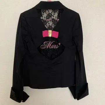 MARS 마즈 백 레이스 핑크 리본 반짝이 버튼 블라우스 블랙