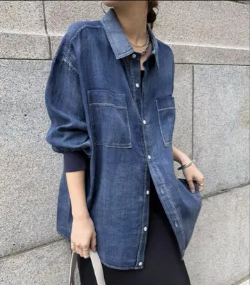 DOUDOU 소매 리브 시어 데님 셔츠 블루