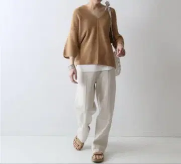 베이지 V넥 니트 반소매