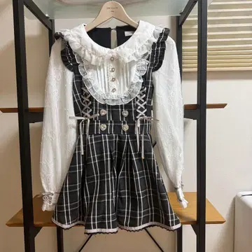 리즈리사 프릴 요크 리본 셋업 블랙 체크