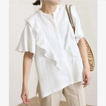FRAMeWORK 린넨 레이온 프릴 블라우스 화이트 반팔 상의