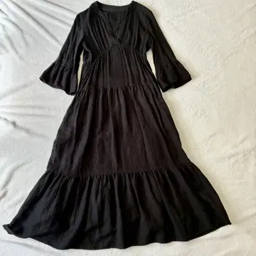 이에나 린넨 7부 길이 블랙 티어드 원피스 일본제