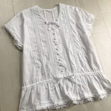 핑크하우스 핀턱 샌드위치 레이스 화이트 블라우스