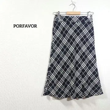 PORFAVOR 스커트 롱 스커트 종아리 기장 플레어 체크 무늬