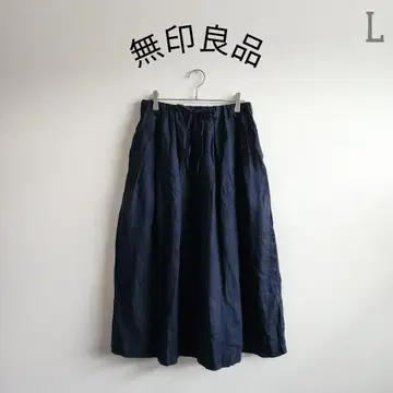 MUJI 무인양품 린넨 플레어 스커트 얇은 소재 종아리 기장 허리밴딩 L