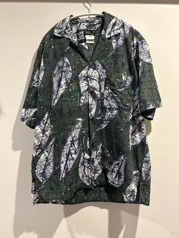 90's agnis b 오픈 카라 셔츠 36 그린 리프 패턴