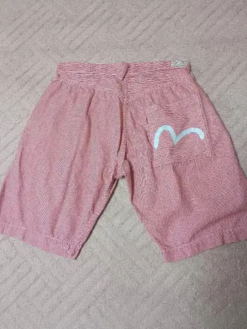 에비수 빨흰 스트라이프 EVISU 숏 팬츠 한쪽 포켓