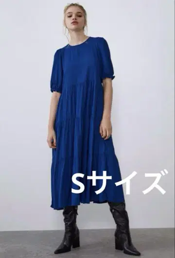 자라 퍼프 슬리브 플리츠 원피스 블루