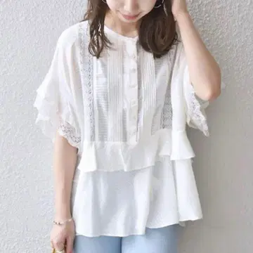 SHIPS any 레이스 턱 페플럼 블라우스 23SS 화이트