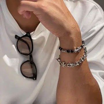 남성용 아메카지 실버 팔찌 비즈 스트릿 빈티지 ks