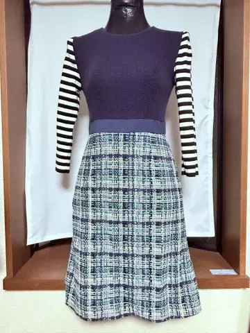 에트로 ETRO 네이비 체크 스커트 보더 7부 소매 원피스 42 사이즈