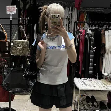빌라봉 빌라봉 피치 T 래글런 y2k 헤이세이 스카이블루 로고