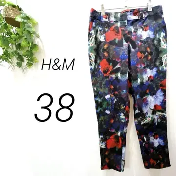 H&M 슬랙스 스트레이트 팬츠 올 패턴 꽃무늬 블랙 화려한 얇은 소재