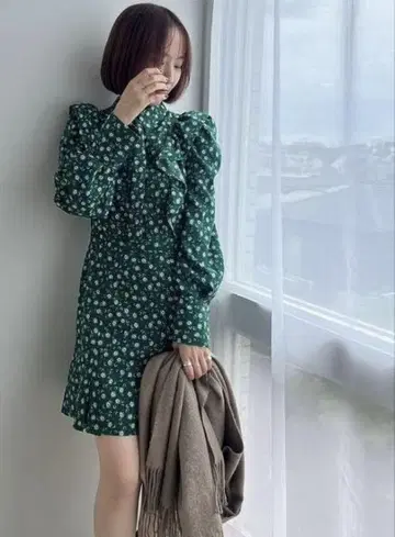 프린트 프릴 미니 원피스