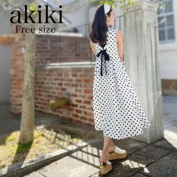 akiki 아키키 도트 무늬 슬리브리스 원피스 백리본
