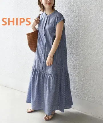 SHIPS 브로드 절개 셔츠 원피스 스트라이프 밴드 카라 프렌치