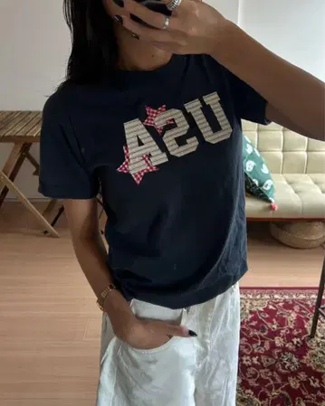USA 스타 패치 크루넥 슬림 티셔츠 NAVY 네이비