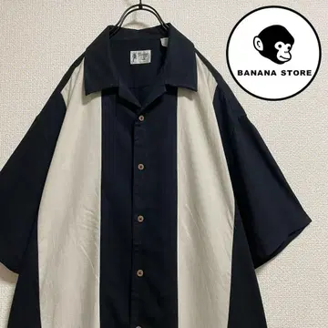 90s 라인 셔츠 오픈 카라 화이트 블랙 바이컬러 빈티지 실크