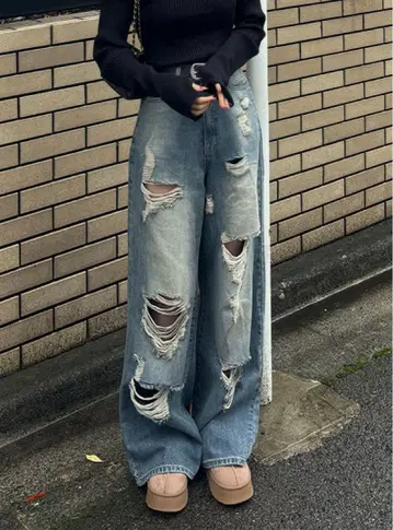 GRL 데미지 컷 루즈 데님 팬츠 [cu525]