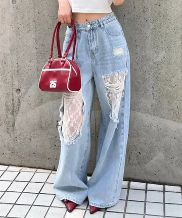 Forever21 데미지 레이스 데님 팬츠 레이스 데님 발레 코어
