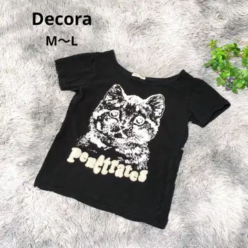 Decora 고양이 프린트 티셔츠 [M~L] 블랙 여성용 코튼