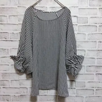 스트라이프 블라우스 셔츠 7부 소매 볼륨 소매 루즈핏 a875