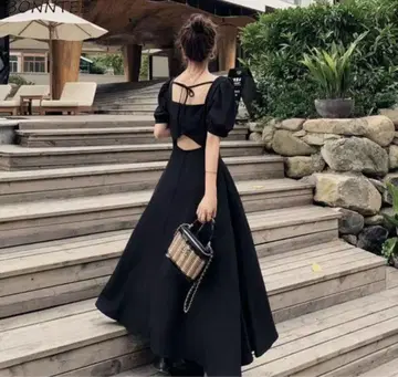 백 오픈 원피스 반팔 아리에쿠 한국 블랙