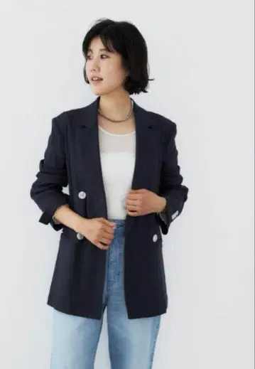 네이비 더블 버튼 테일러드 자켓