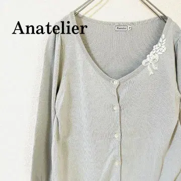 Anatelier 오분 소매 가디건 라이트 그레이 꽃 리본 모티브 38