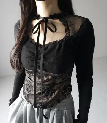 meemselect 초커 넥 리본 레이시 컷 티셔츠 탑 블랙