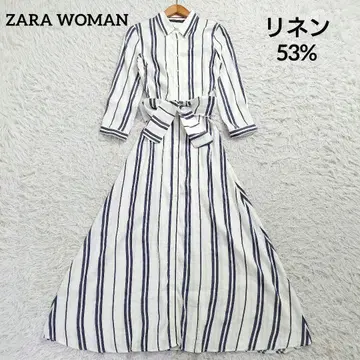 자라 우먼 롱 셔츠 원피스 린넨 린넨 A 라인 벨트 스트라이프