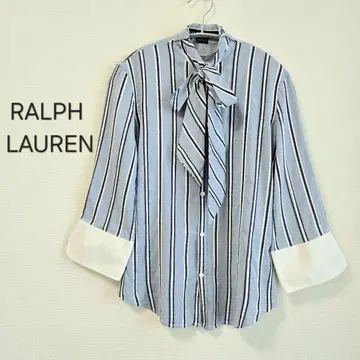 RALPH LAUREN 리본 타이 실크 셔츠 블라우스 스트라이프 보타이