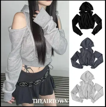 THEAIRTOWN 숄더 슬릿 오프숄더 후드 후드티