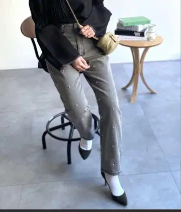 펄 장식 데님 팬츠