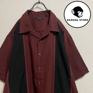 빅 사이즈 라인 셔츠 오픈 카라 크림슨 블랙 바이컬러