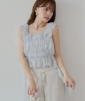Chico 레이스 드롭 프릴 셔링 블라우스 블루