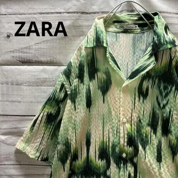 ZARA 시어서커 올 패턴 오픈 카라 셔츠 반팔 셔츠 그린 주름 가공
