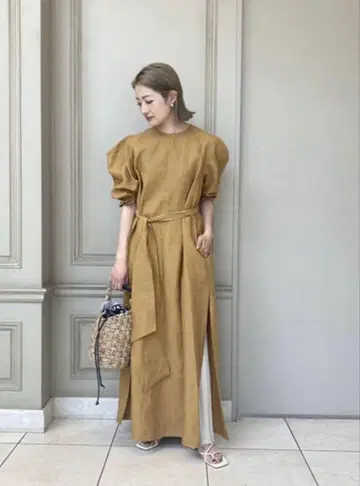 HYKE 반팔 린넨 롱 원피스 핑크 베이지