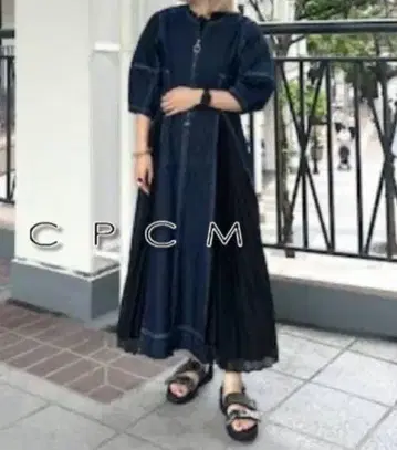 CPCM 데님 플리츠 5부 소매 원피스