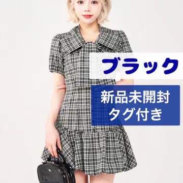 미개봉 새상품 다리치 빅 리본 벌룬 체크 미니 원피스 블랙