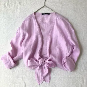새상품급 ZARA 린넨 앞매듭 블라우스 핑크 XL