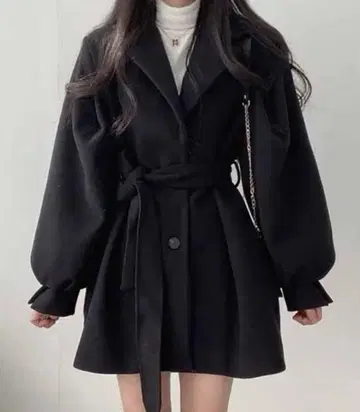 블랙 울 혼방 피코트 벨트 포함