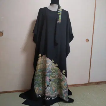 순수 실크 유젠 블랙 전통 예복 기모노 리메이크 롱 드레스 세미 오더