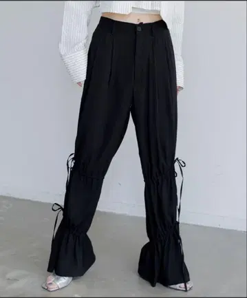 블랙 드로우 스트링 와이드 레그 팬츠