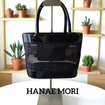 HANAEMORI 블랙 에나멜 메쉬 꽃 자수 토트 핸드백