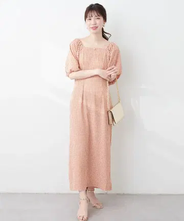 natural couture 깅엄 체크 롱 원피스 스퀘어 넥