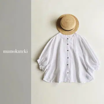 mumokuteki 린넨 100% 볼륨 슬리브 노카라 블라우스