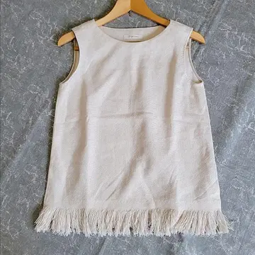 플라주 코튼 린넨 프린지 탑 슬리브리스 세탁 가능 일본제