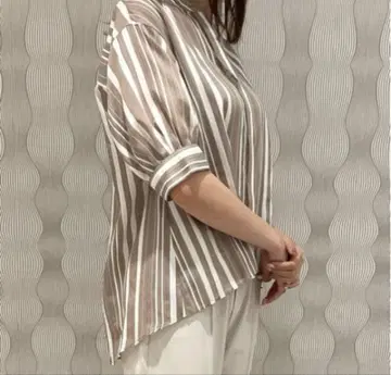 로트레아몽 시어 랜덤 스트라이프 블라우스 모카 베이지 드레이프감 일본제