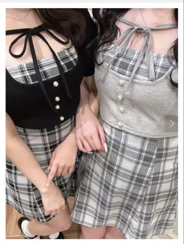 evelyn 리본 체크 미니 OP S 사이즈 블랙